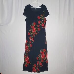 Vtg 90s American Angel 2X Black Red Rose Dress Flutter Whimsigoth Romantic Maxi